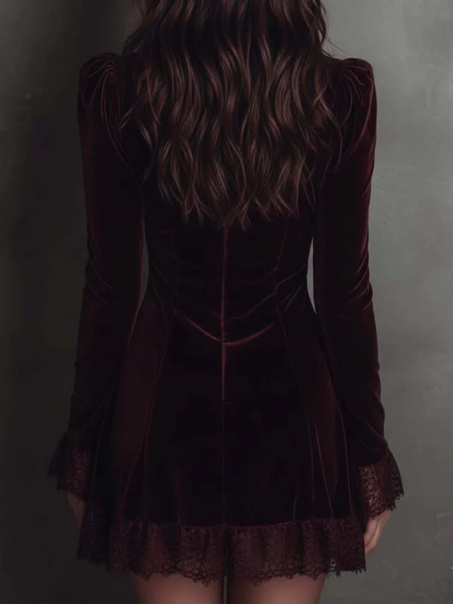 Burgundy Velvet Lace-trimmed V-neck Mini Dress - MATCHING MASTER