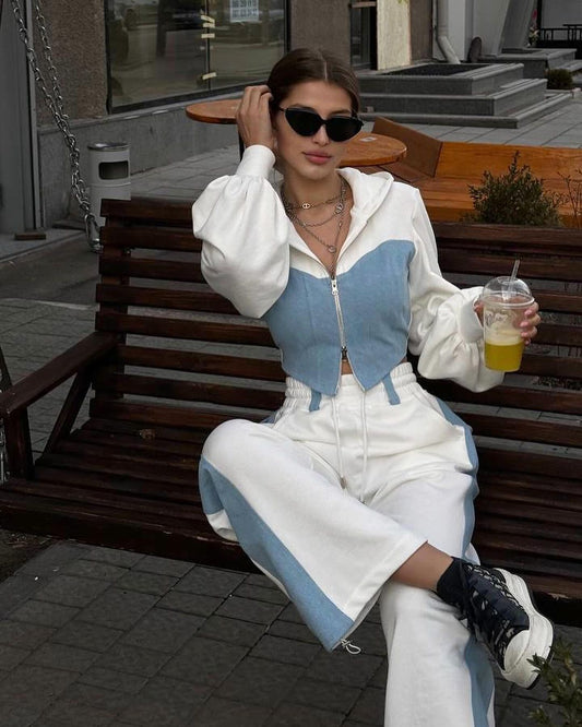 Denim patchwork hooded top and trousers two-piece set - MATCHING MASTER