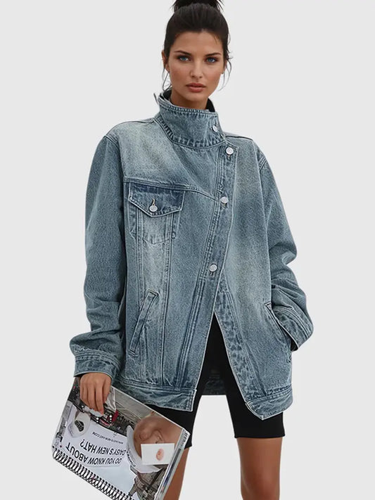 Women's Vintage Washed High Neck Asymmetric Button Loose Denim Jacket - MATCHING MASTER