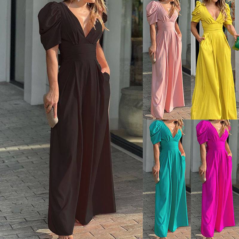 Women's Puff Sleeve Plunge Wide Leg Jumpsuit - MATCHING MASTER