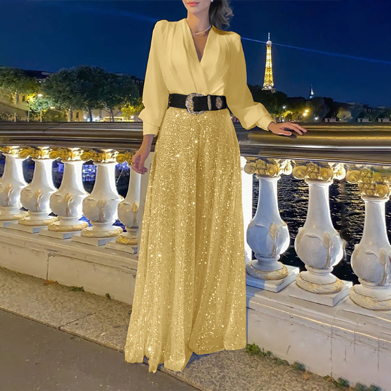 Sequined Long-Sleeve One-Piece trousers Set
