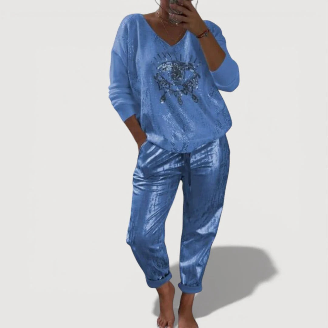 BundleWear™ Starlight Eye Set | Shimmering Graphic Sweater & Metallic Jogger Ensemble