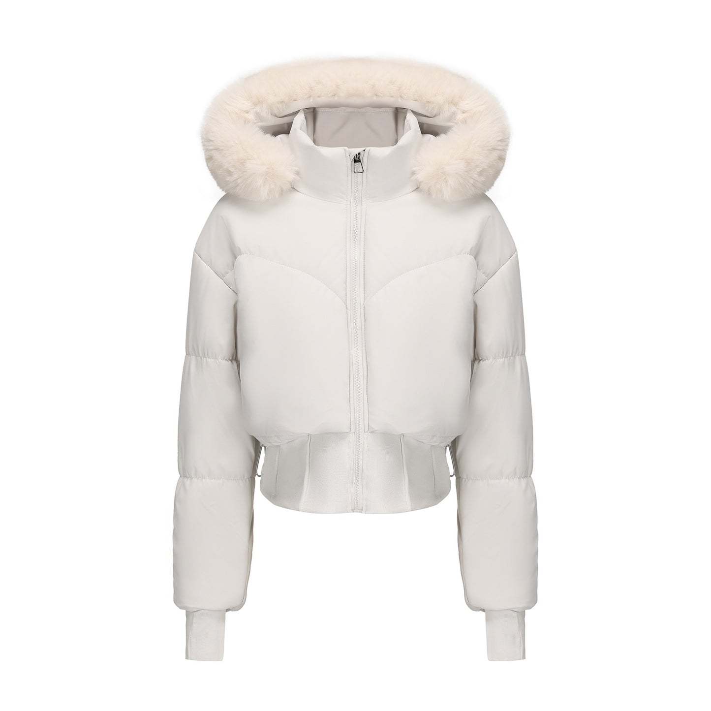 Short coat with large fur collar, hood and waist-hugging design - MATCHING MASTER