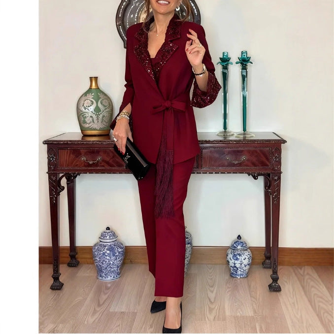 Ladies' Elegant Sequin Lapel Blazer & Pants Set