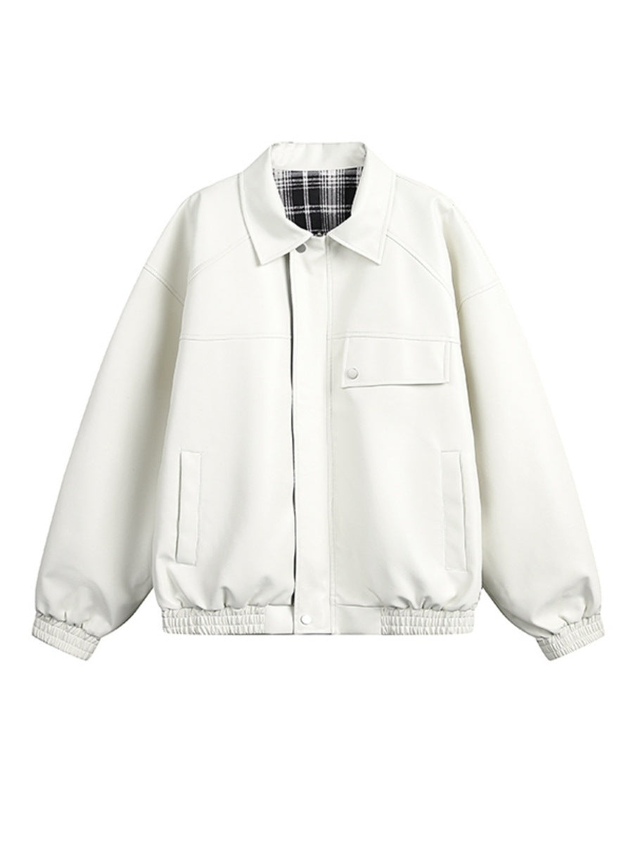 Genuine leather jacket with plaid lining, reversible lapel leather jacket
