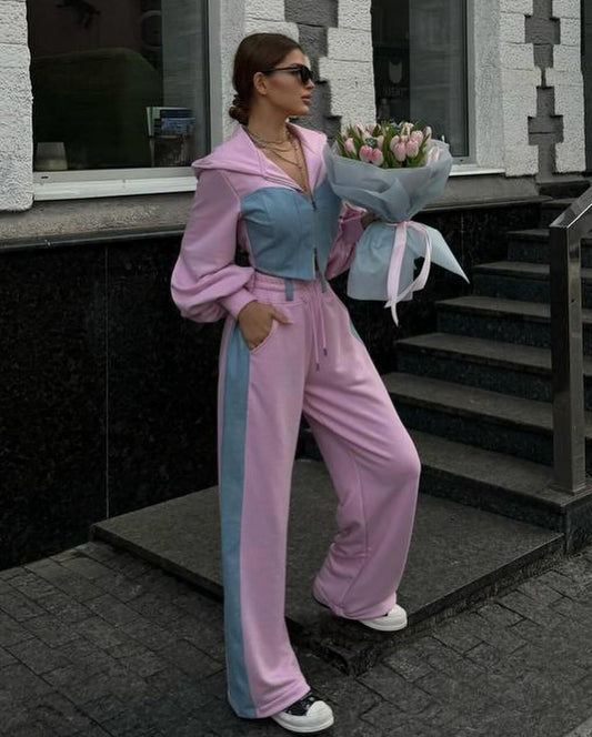 Denim patchwork hooded top and trousers two-piece set - MATCHING MASTER