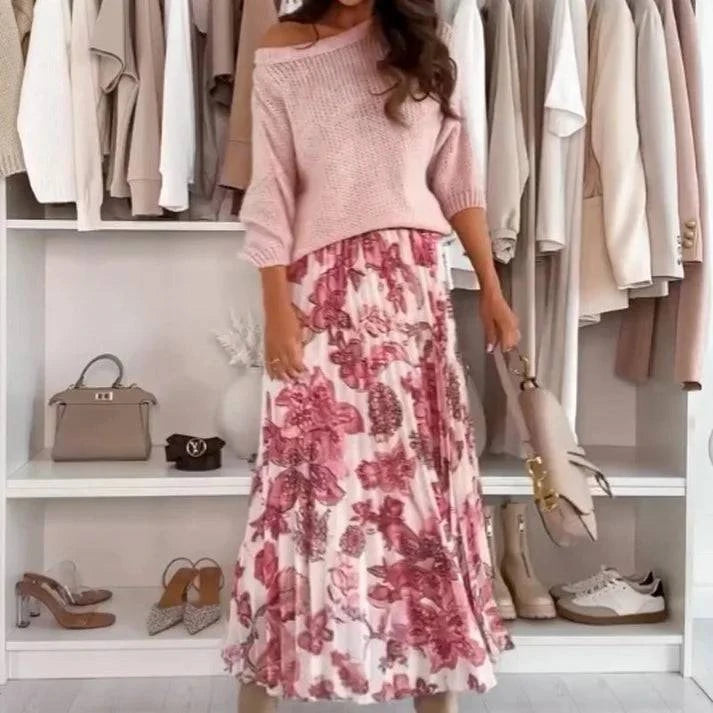 🌸Crew Neck Top & Printed Belted Skirt Set - MATCHING MASTER