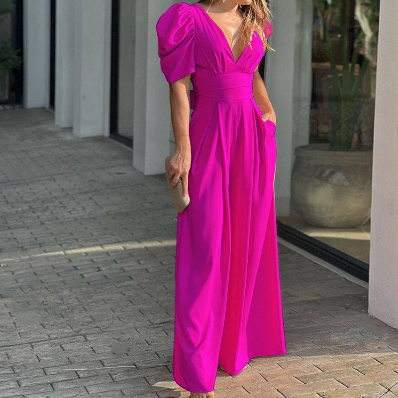 Women's Puff Sleeve Plunge Wide Leg Jumpsuit - MATCHING MASTER
