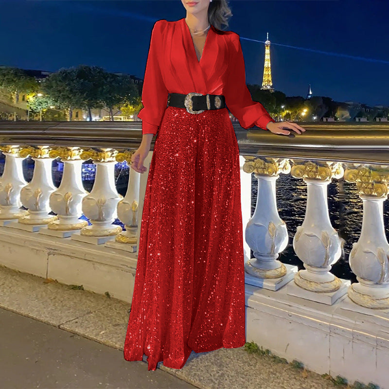 Sequined Long-Sleeve One-Piece trousers Set