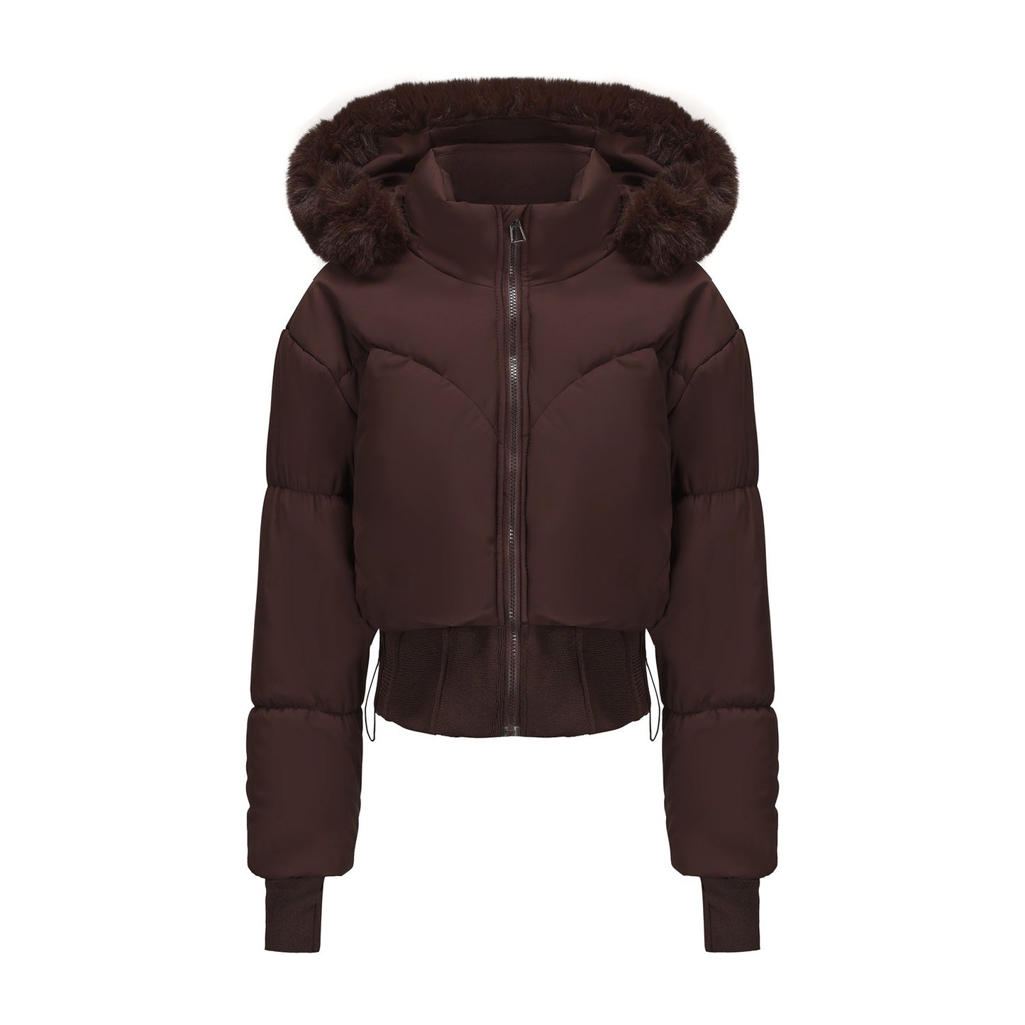 Short coat with large fur collar, hood and waist-hugging design - MATCHING MASTER