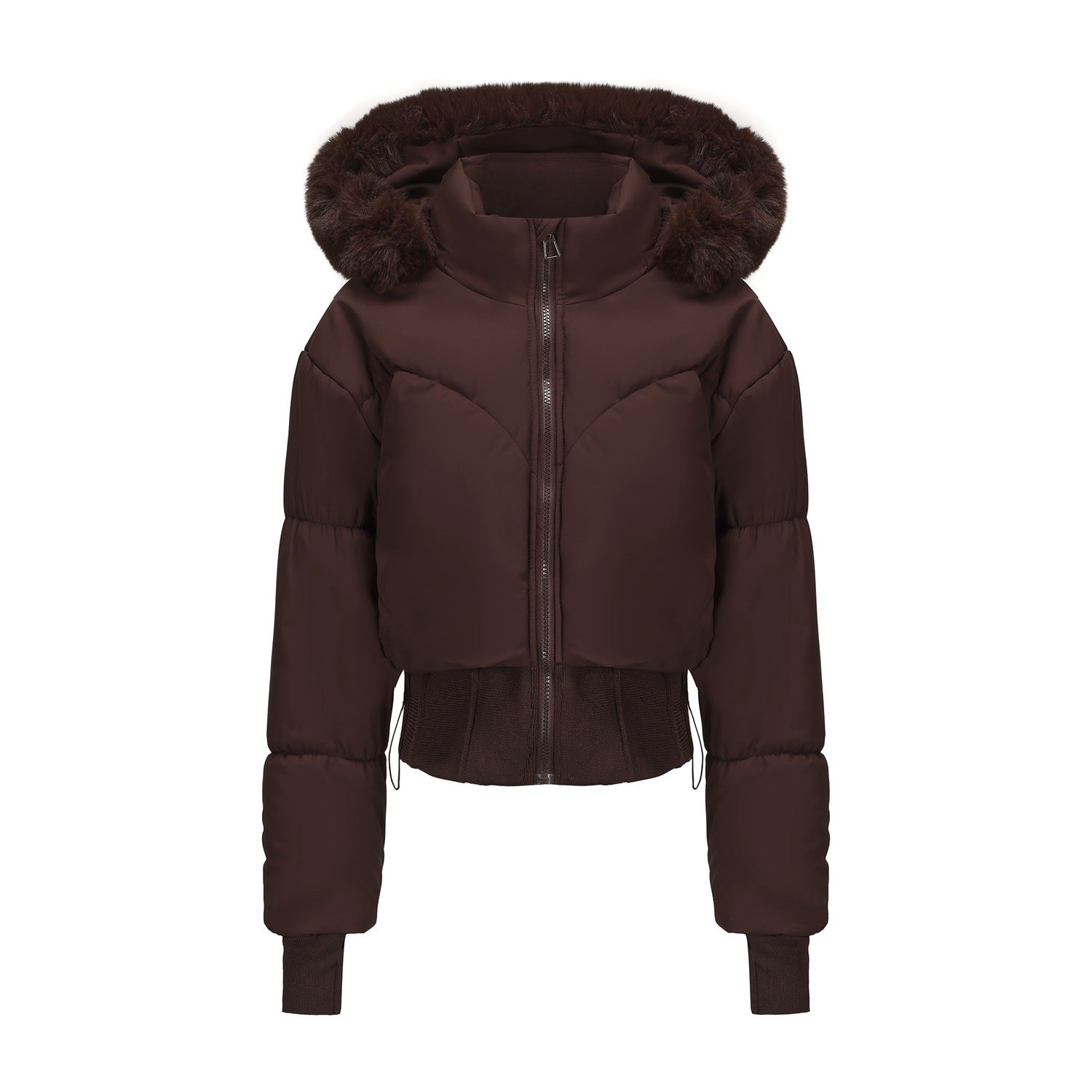 Short coat with large fur collar, hood and waist-hugging design - MATCHING MASTER