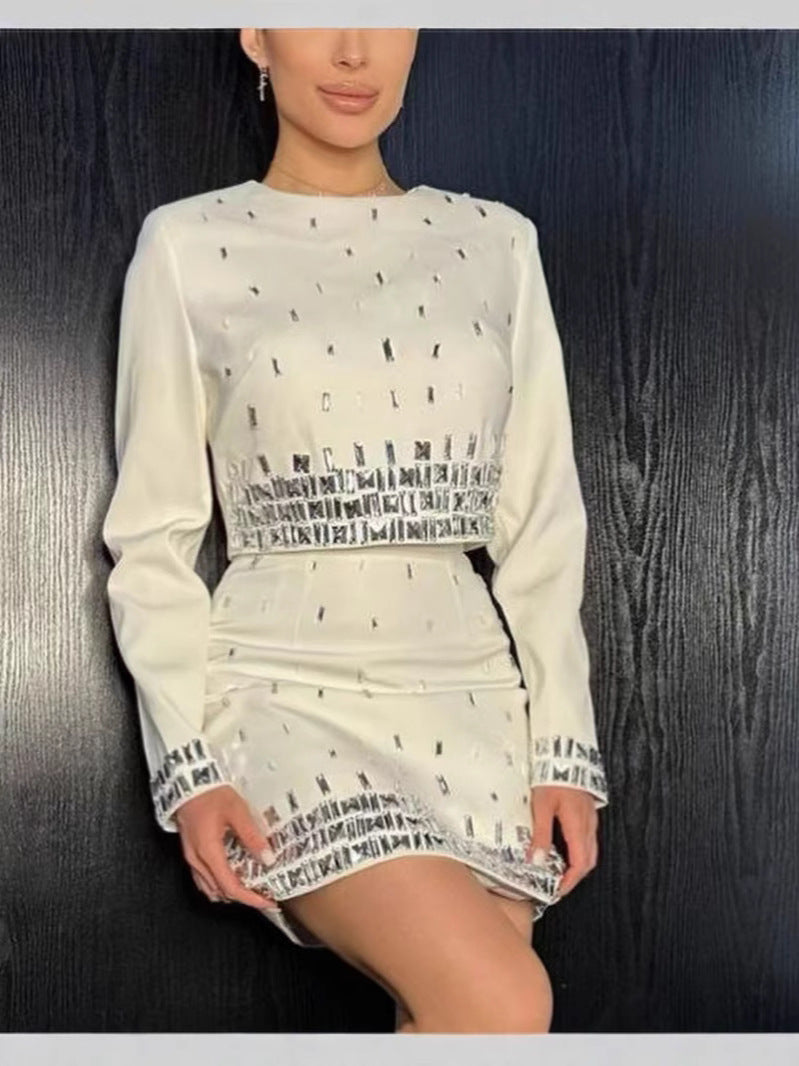 BundleWear™ Silver-Beaded Tweed Set | Hand-Embellished Knit Top & Hip-Contouring Mini Skirt