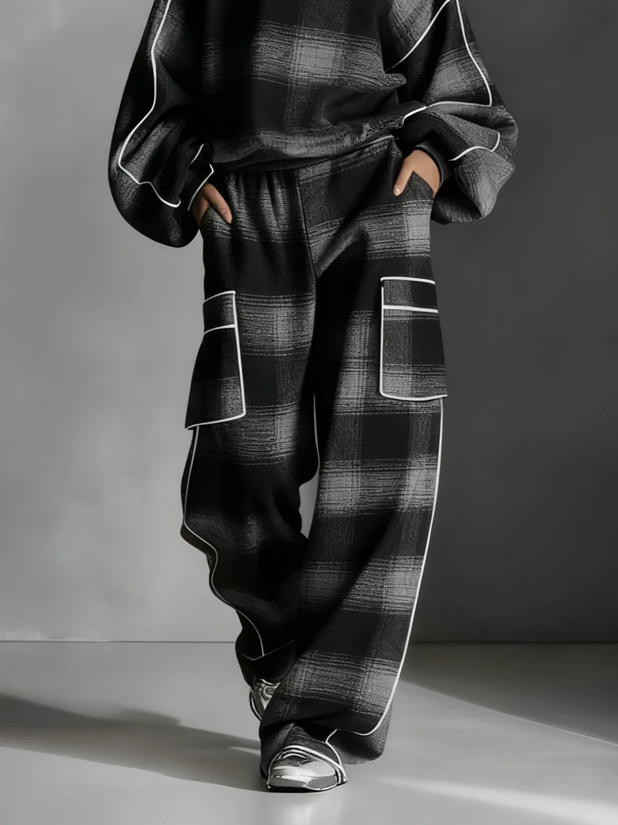 Plaid Color-blocked Sweatshirt and Casual Pants Two-piece set