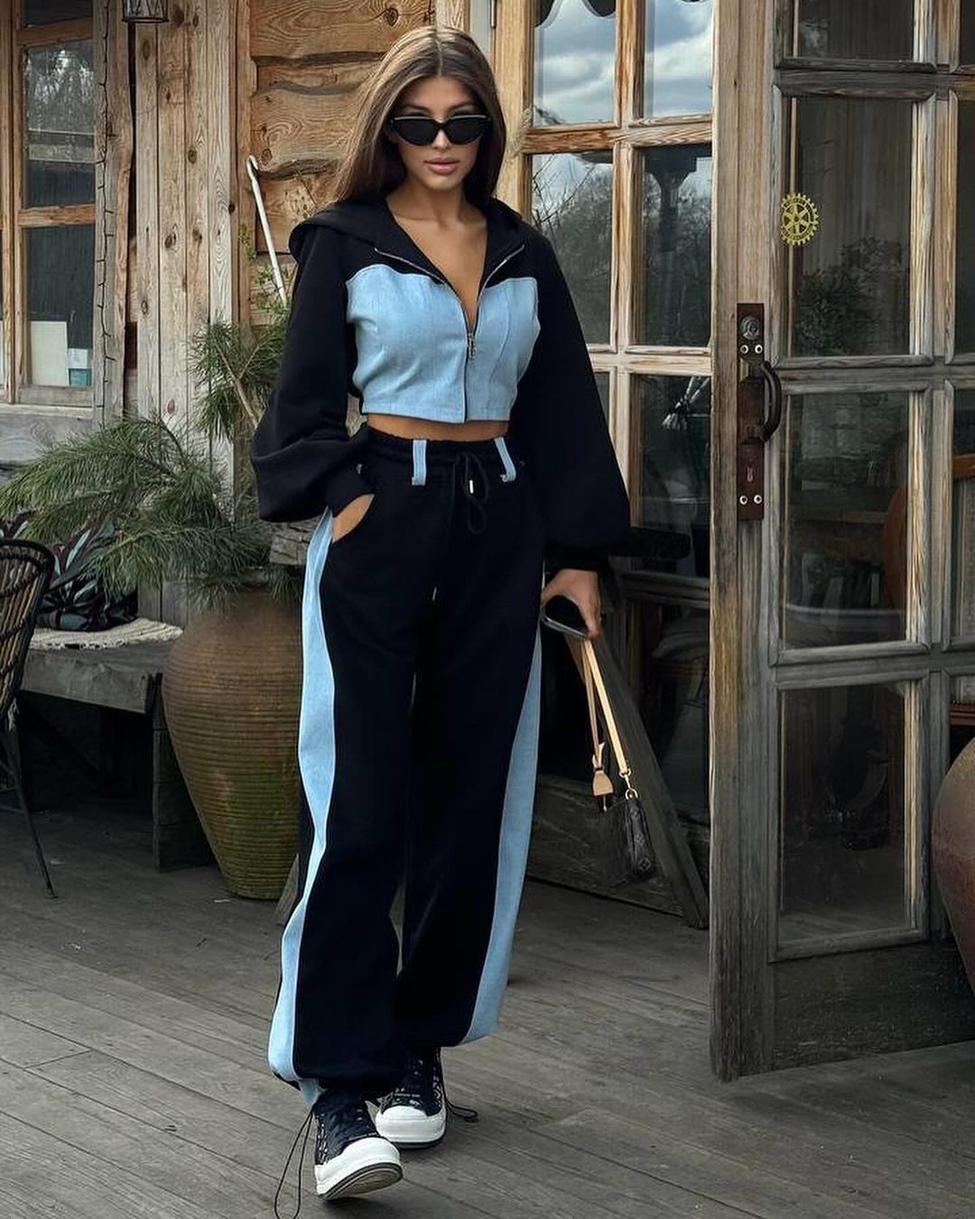 Denim patchwork hooded top and trousers two-piece set - MATCHING MASTER