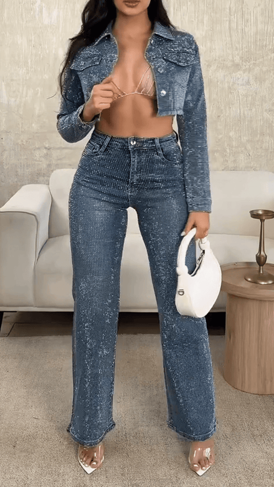 Ladies Collar Hot Pressed Diamond Cardigan+ Pants Casual Set - MATCHING MASTER