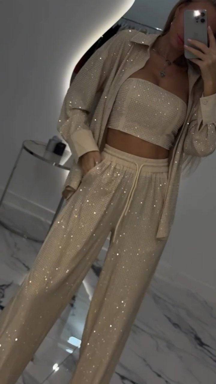 Women's Casual Three Piece Lapel Rhinestone Suit - MATCHING MASTER