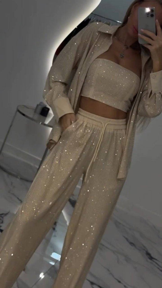 Women's Casual Three Piece Lapel Rhinestone Suit - MATCHING MASTER