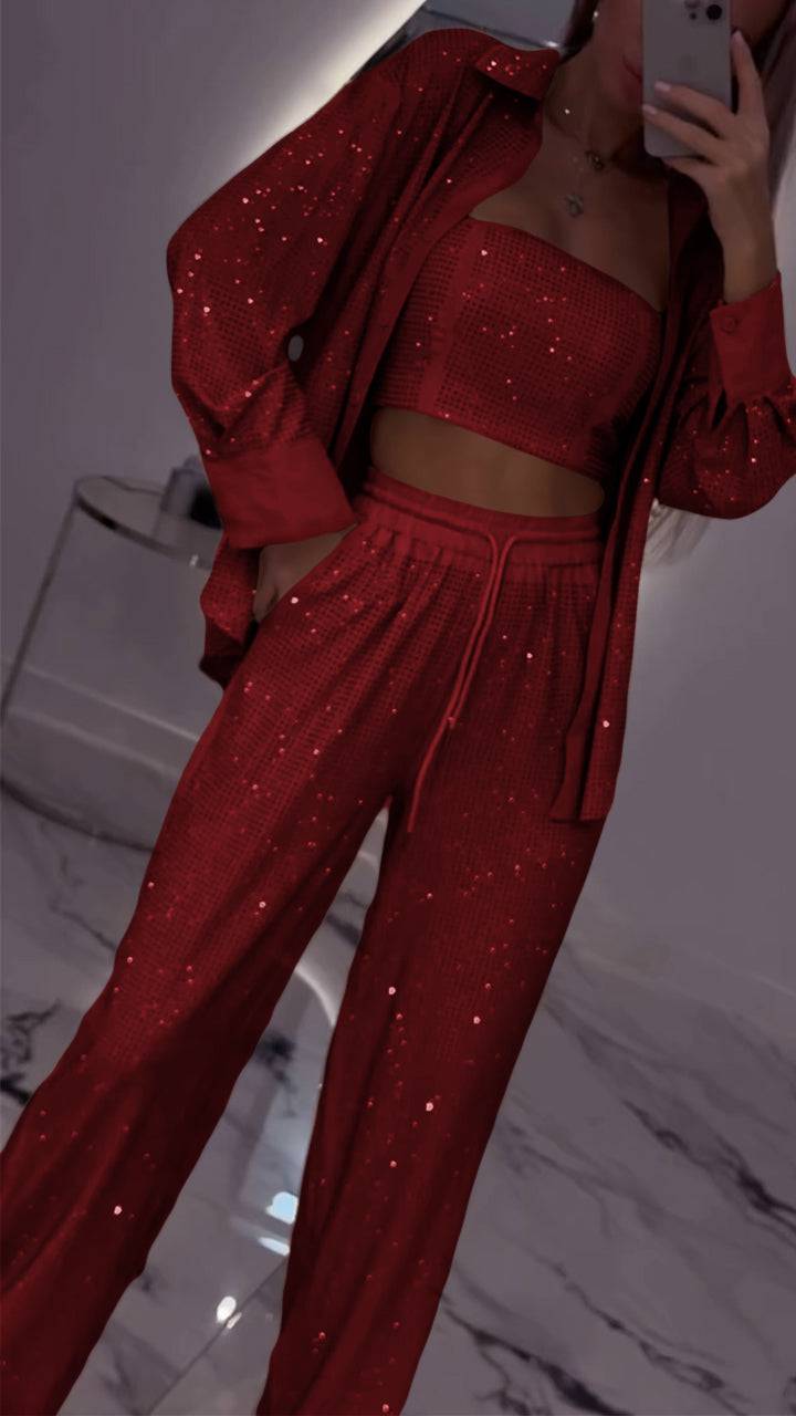 Women's Casual Three Piece Lapel Rhinestone Suit - MATCHING MASTER