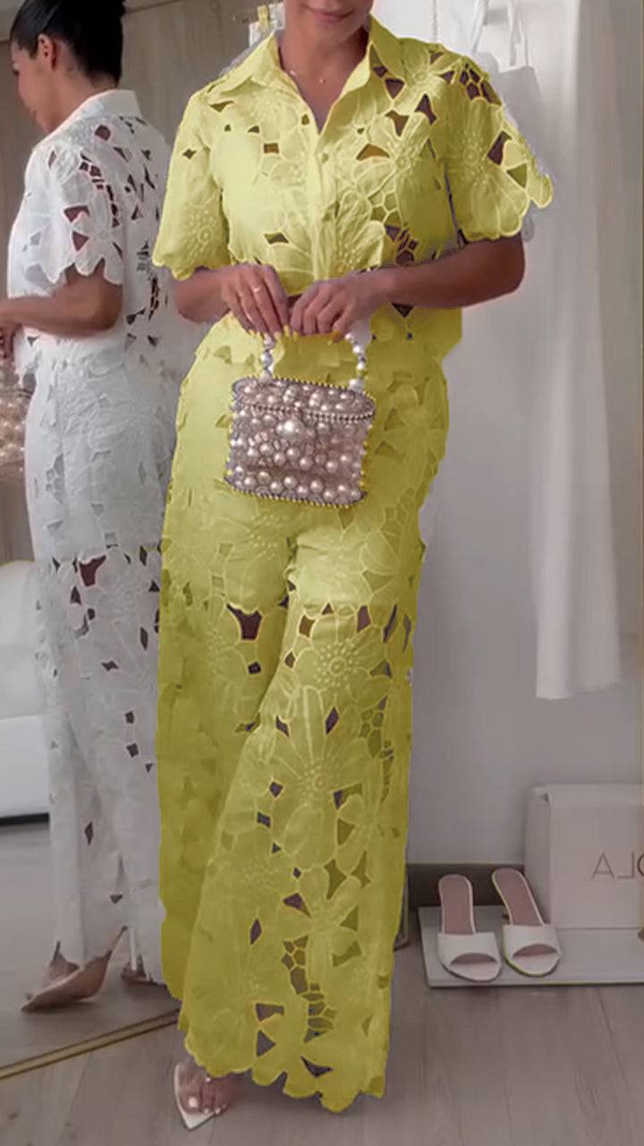 Elegant Two Piece Set with Openwork Lace and Lapel for Women – Casual Chic Style ✨ - MATCHING MASTER