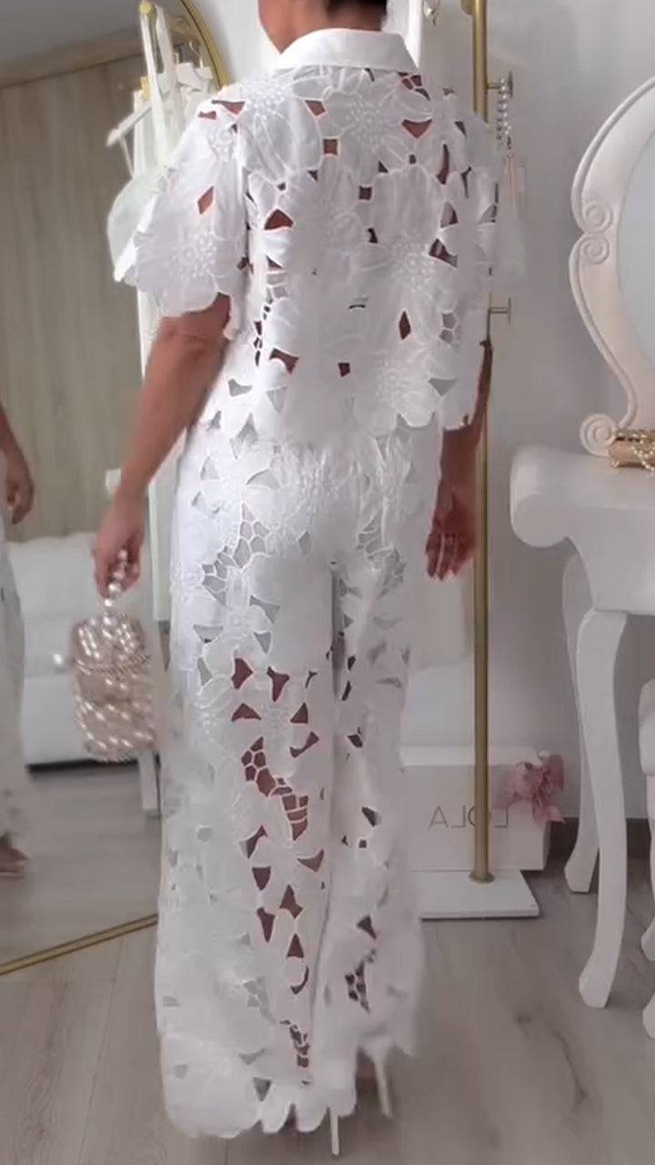 Elegant Two Piece Set with Openwork Lace and Lapel for Women – Casual Chic Style ✨ - MATCHING MASTER