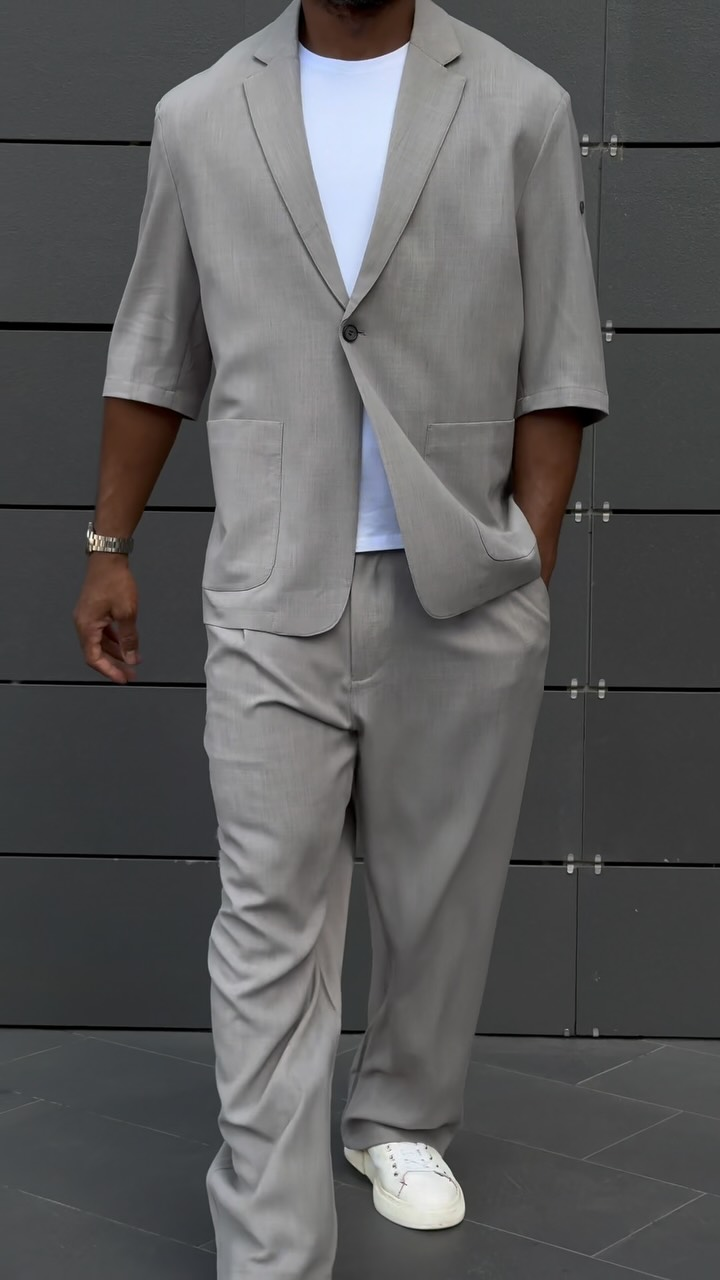 BundleWear™ Zen Linen-Mist Set | 3/4 Sleeve Single-Button Blazer & Relaxed Trousers