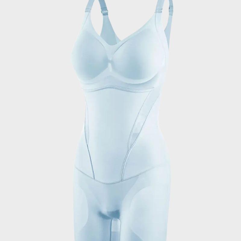 Sky blue seamless shapewear bodysuit, front view on a mannequin