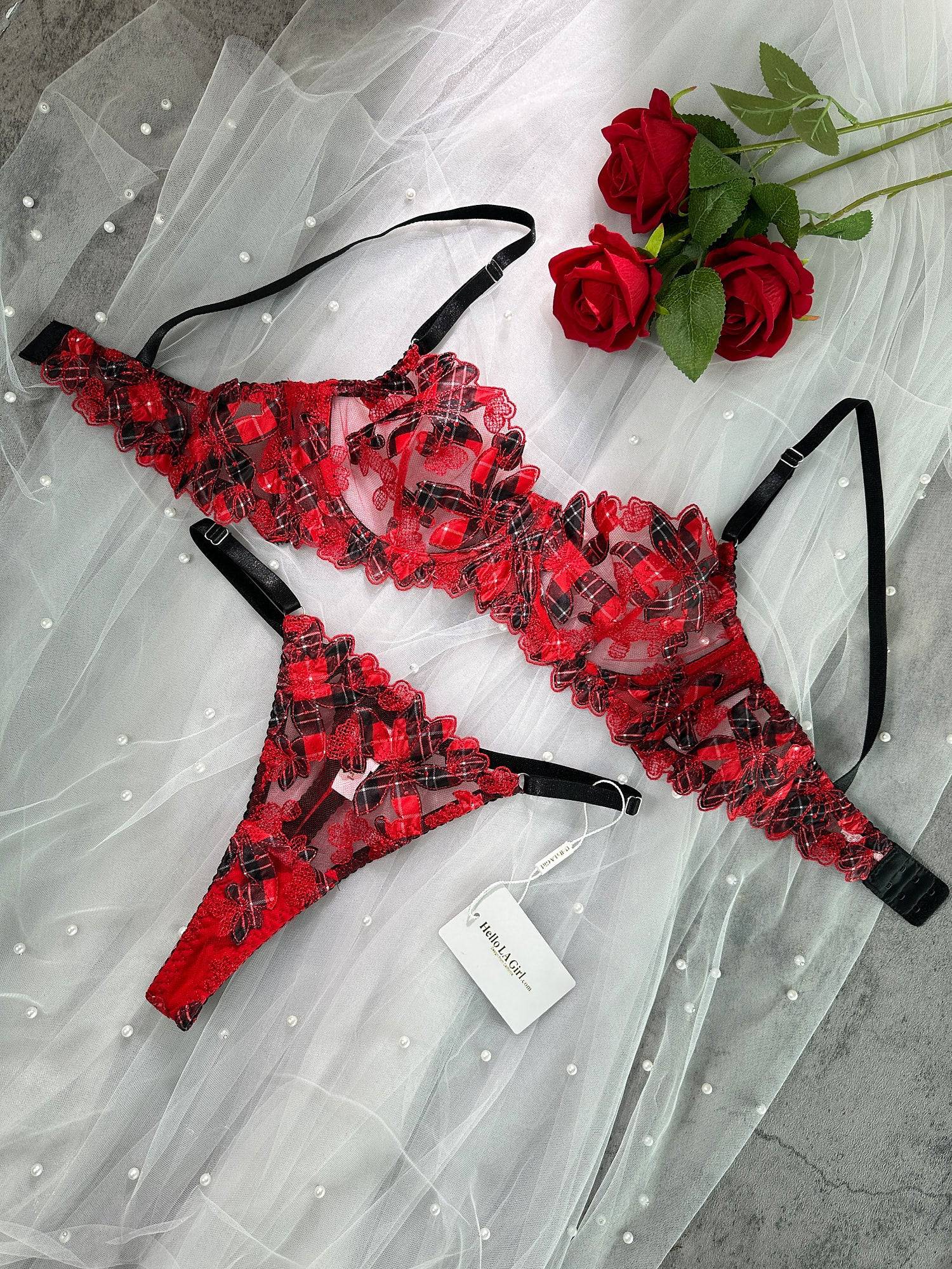 Red Tartan Flower Lingerie Set - MATCHING MASTER
