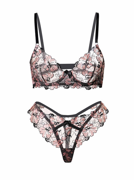 Black& Dustyrose Flutter Lace Lingerie Set - MATCHING MASTER