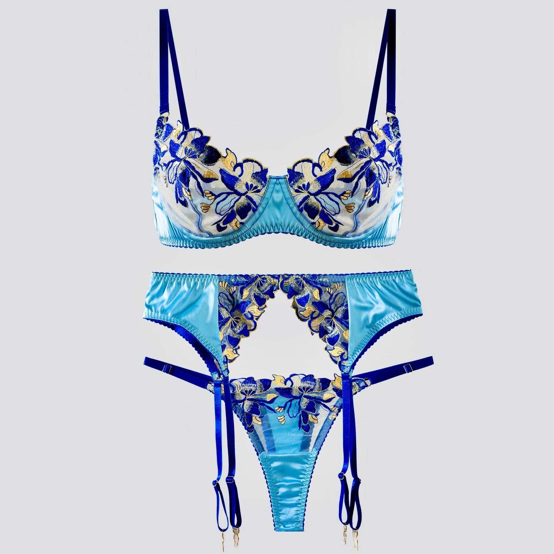 Fresh Blue Satin Embroidered Lingerie - MATCHING MASTER