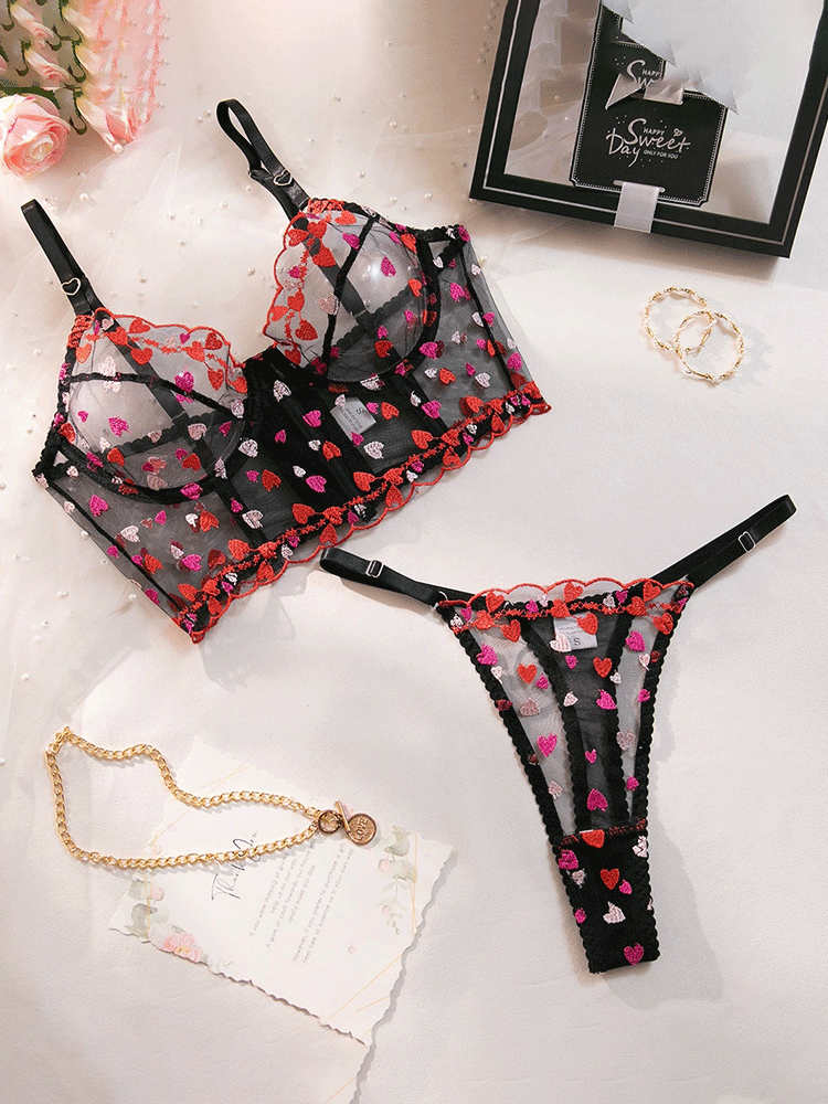 Heart Embroidered Sheer Lingerie Set