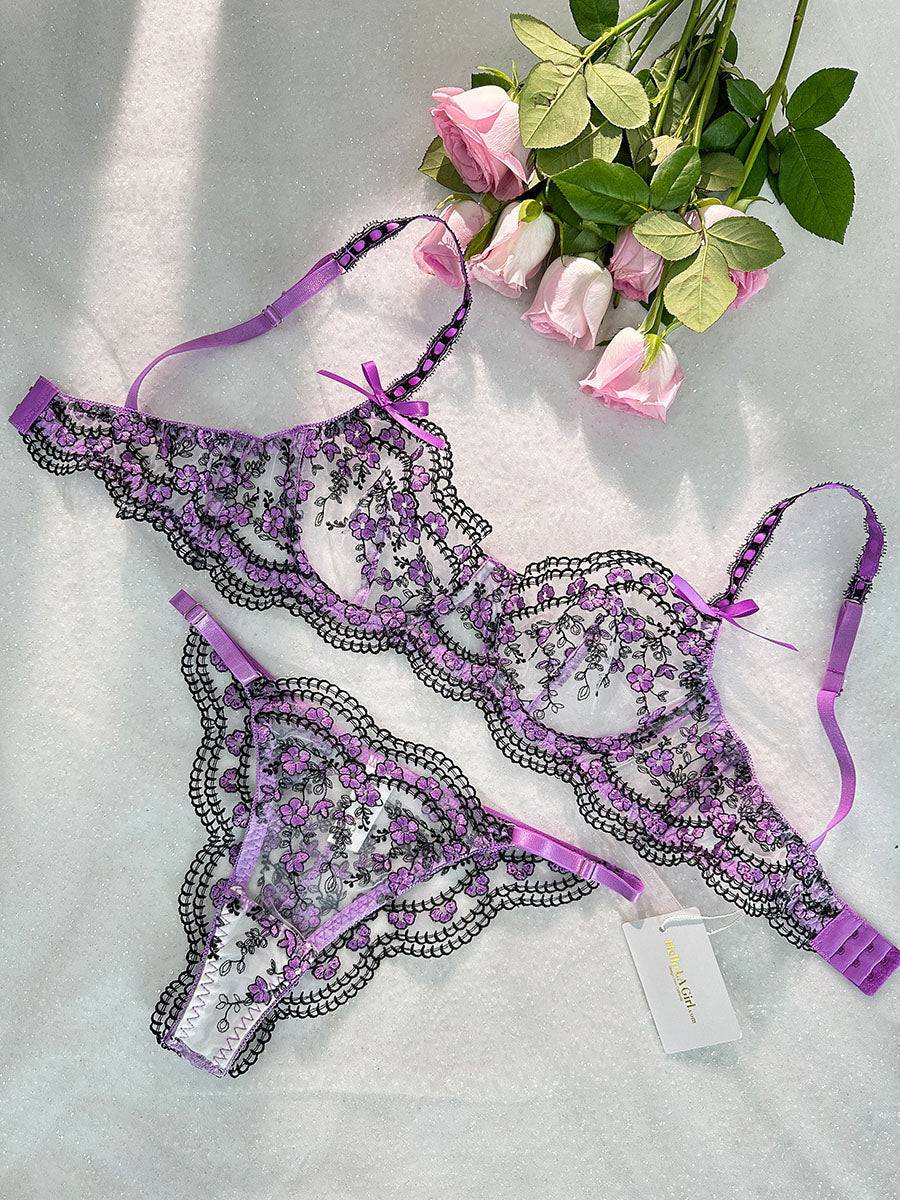 Purple Blossom Delights Embroidery Lingerie Set - MATCHING MASTER