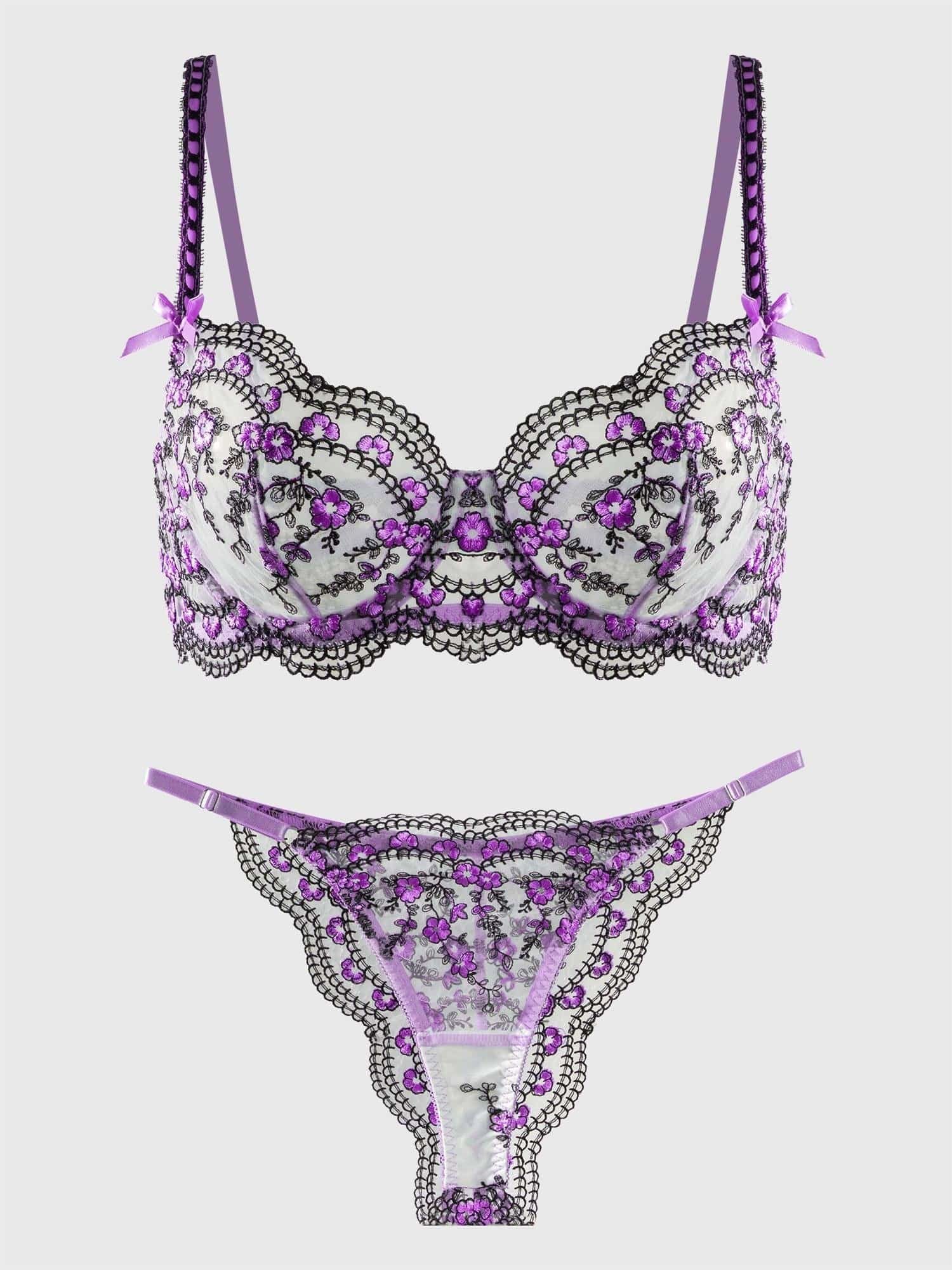 Purple Blossom Delights Embroidery Lingerie Set - MATCHING MASTER
