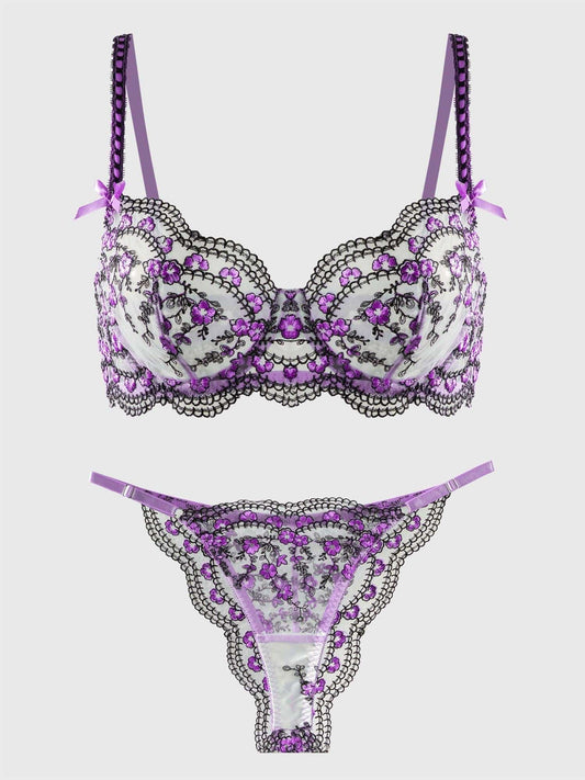 Purple Blossom Delights Embroidery Lingerie Set - MATCHING MASTER