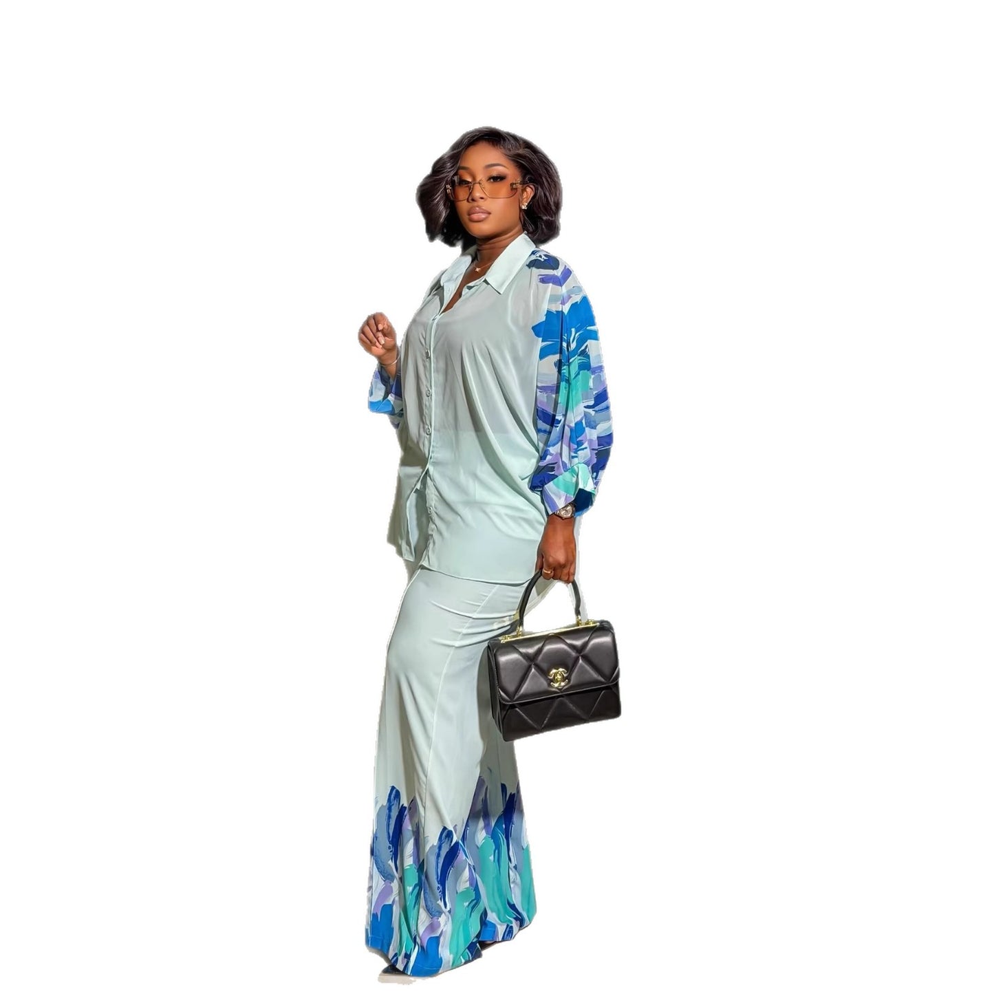 Silk Road QFX1308 2026 African New Casual Print Straight Pants Lapel Long Sleeve Shirt Two-piece Set - BundleWear