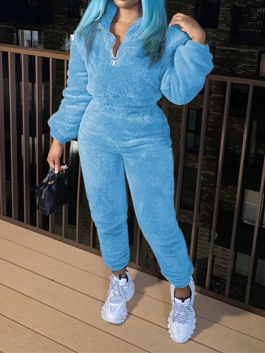 New women's pure color long -sleeved long pants autumn and winter plush casual fashion set - MATCHING MASTER