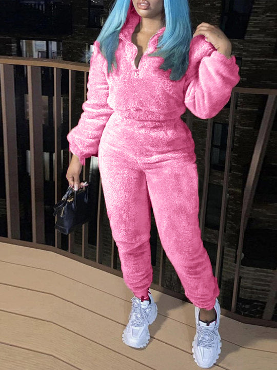 New women's pure color long -sleeved long pants autumn and winter plush casual fashion set