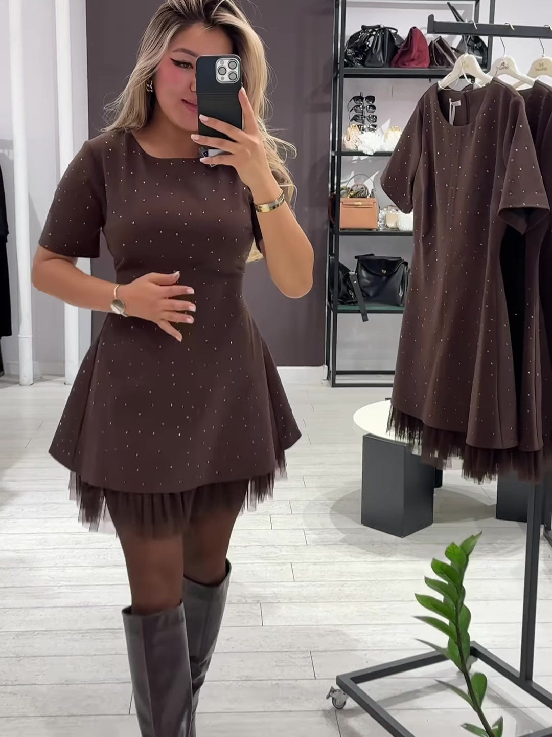 Elegant round neck sparkling rhinestone dress - MATCHING MASTER