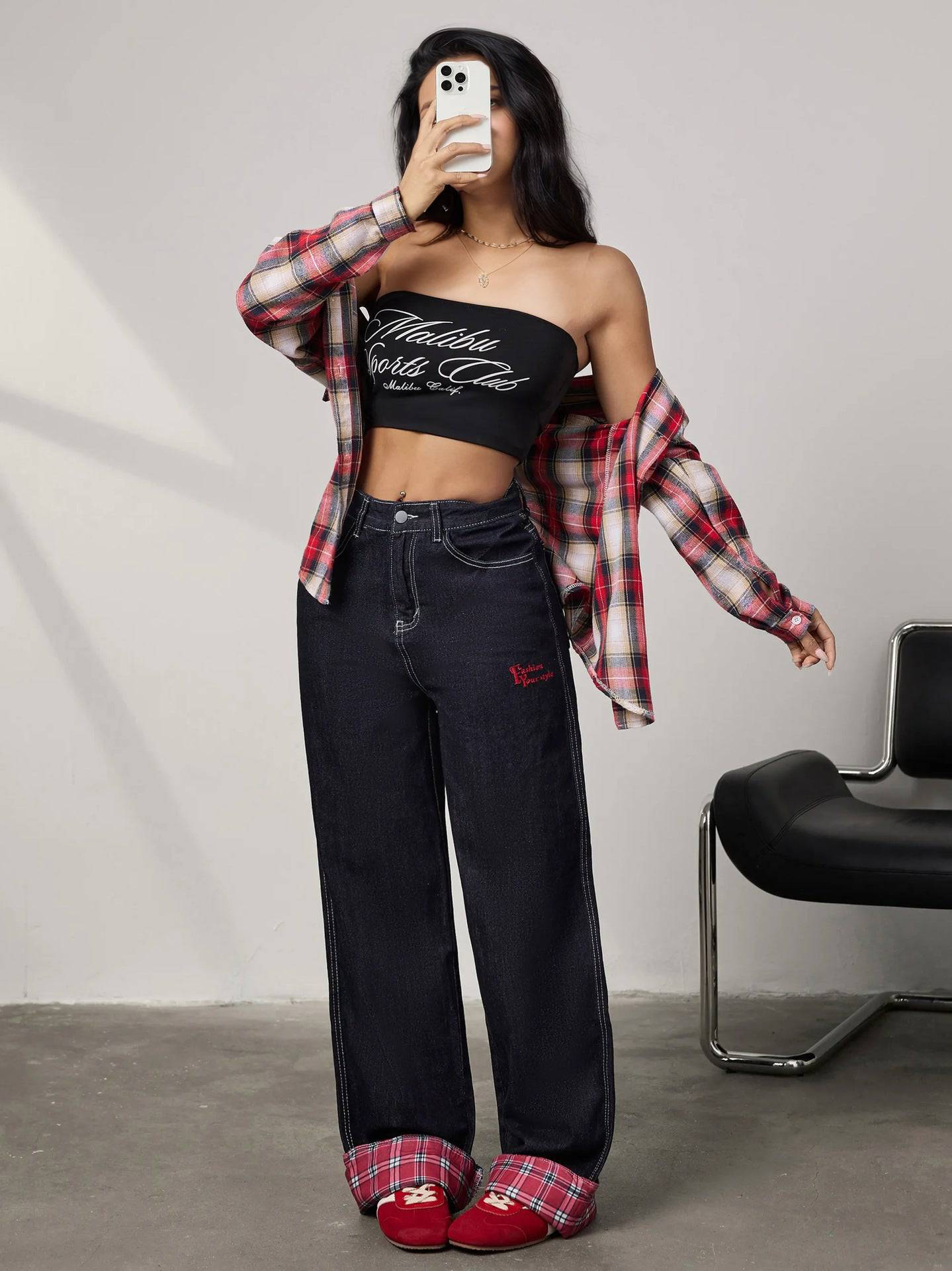 Panelled rolled-up plaid jeans - MATCHING MASTER