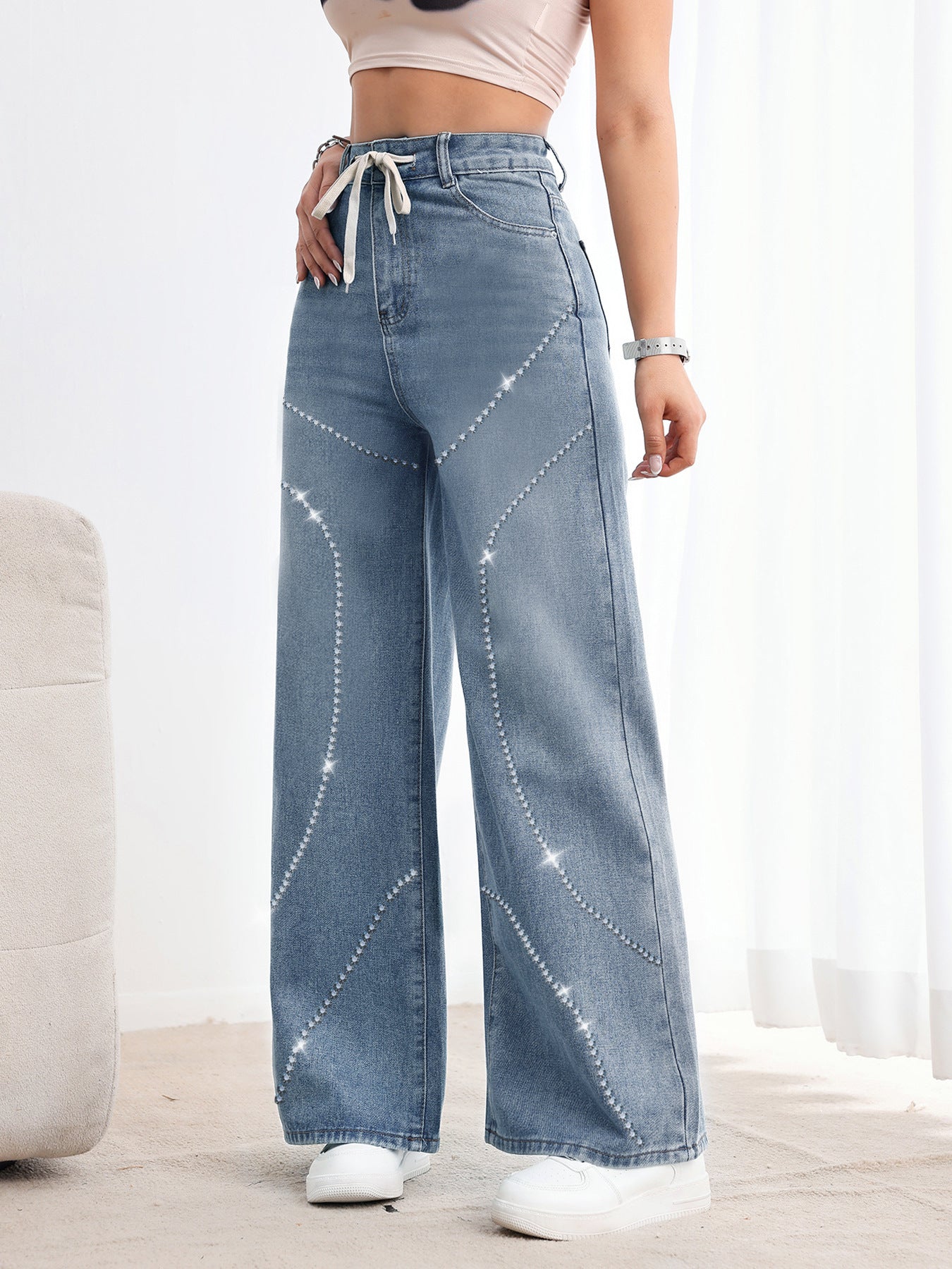 Rhinestone Beaded Denim Pants