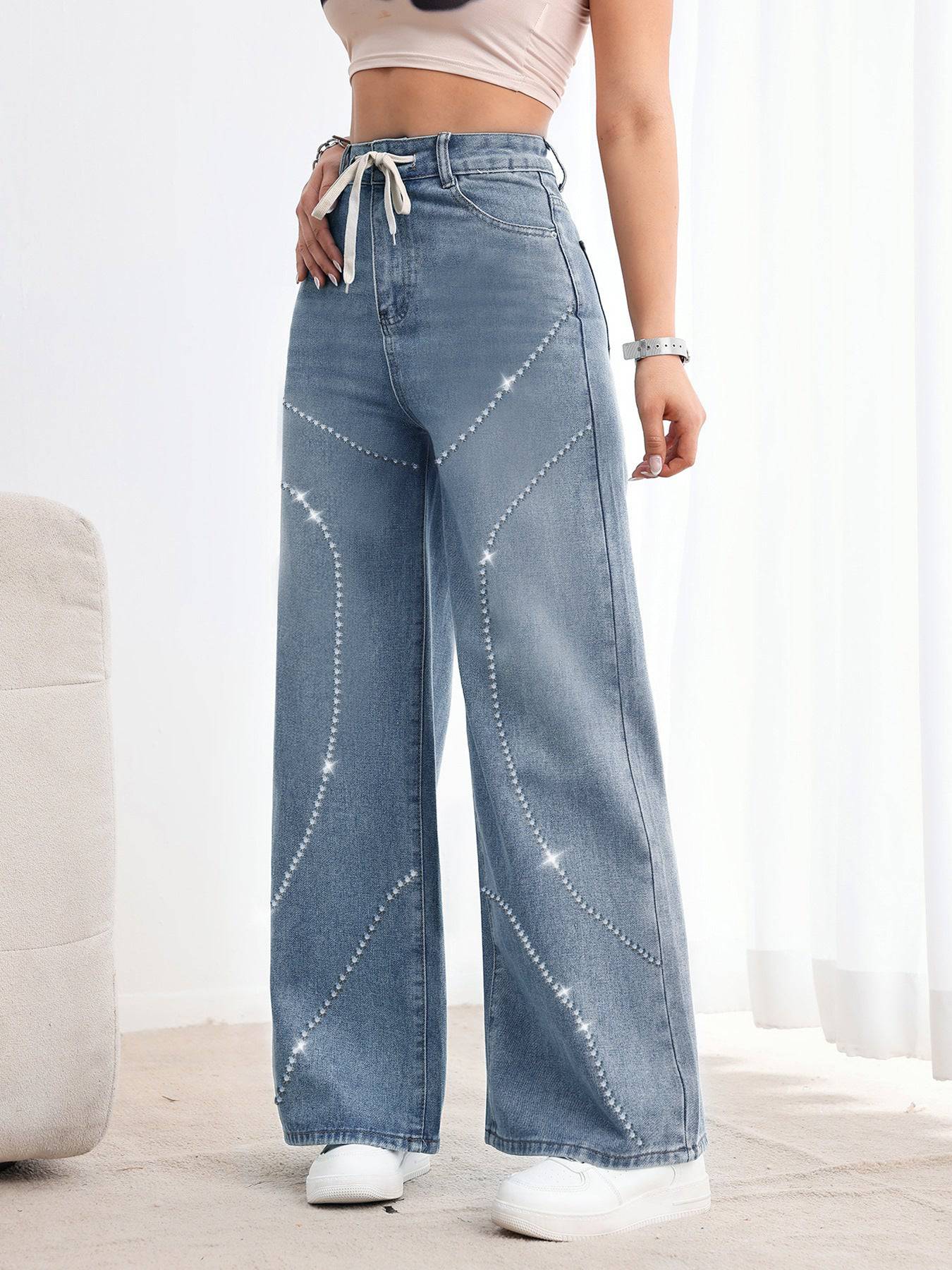 Rhinestone Beaded Denim Pants - MATCHING MASTER