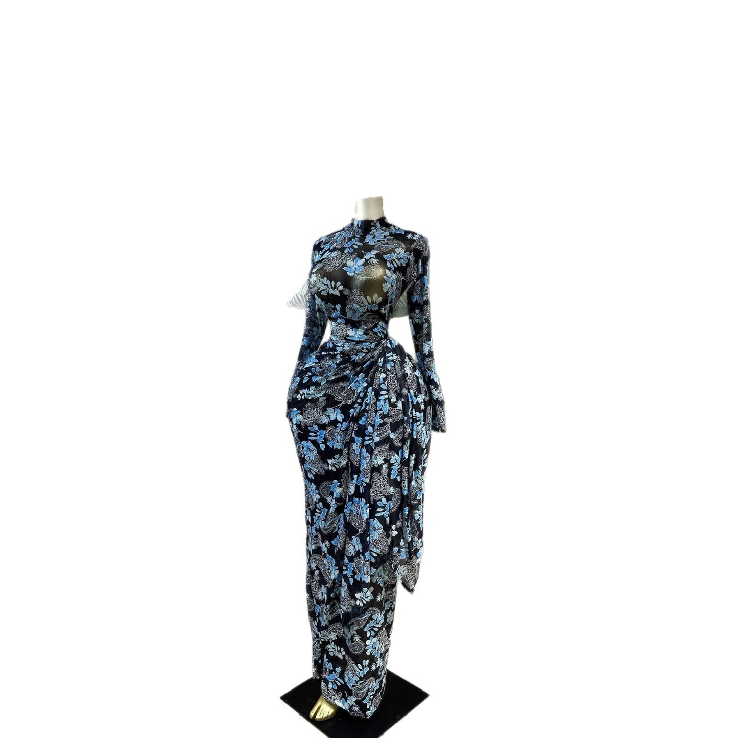 Silk Road QFX3305 2026 African New Elegant Print Evening Dress Round Neck Long Sleeve Waist-cinched Dress - BundleWear