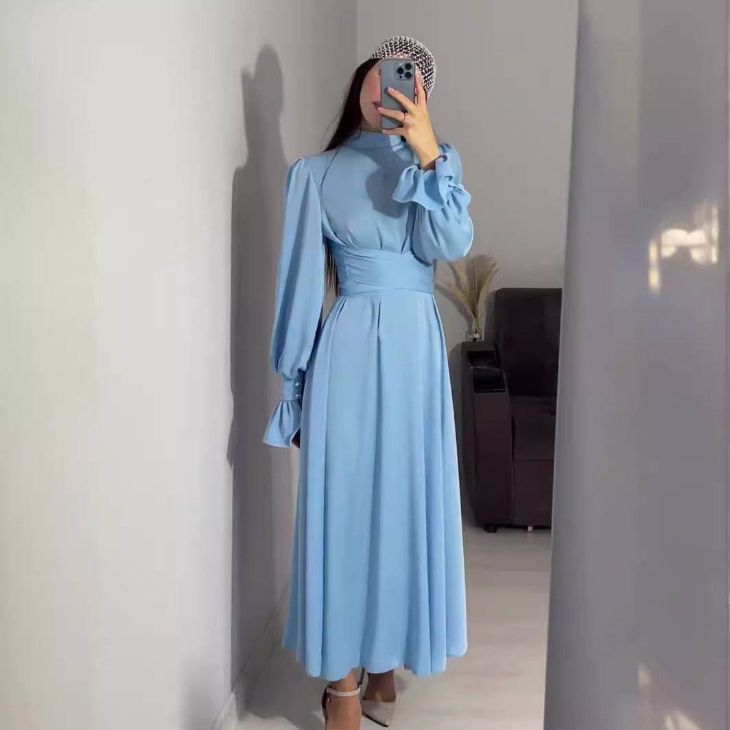 Long Sleeve Waist Puff Sleeve Solid Color Fairy Style Dress - MATCHING MASTER