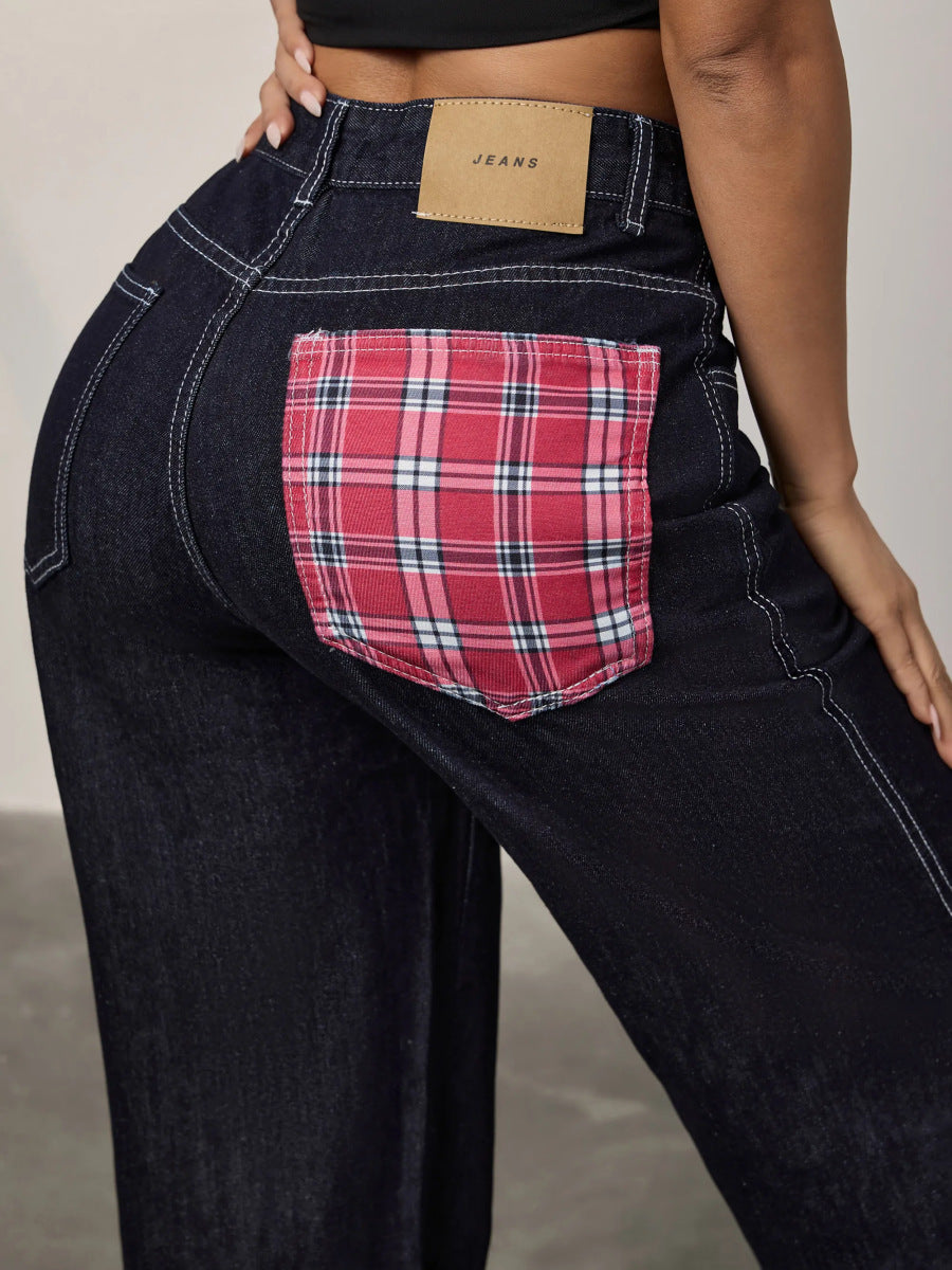 Panelled rolled-up plaid jeans