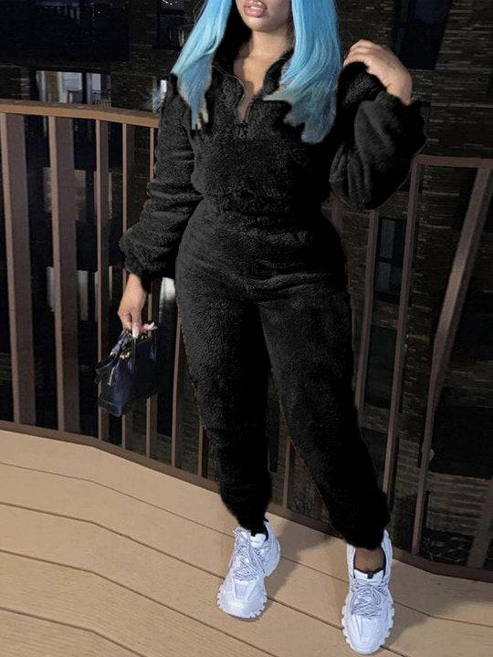 New women's pure color long -sleeved long pants autumn and winter plush casual fashion set - MATCHING MASTER