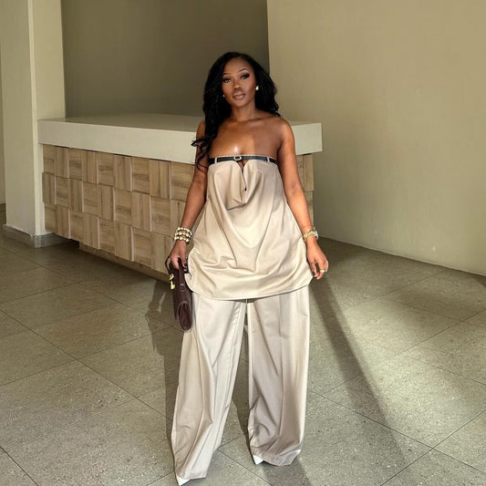 Silk Road QFX1172 2025 Autumn African New Casual Wide-leg Pants Loose Tube Top Tie Set - BundleWear