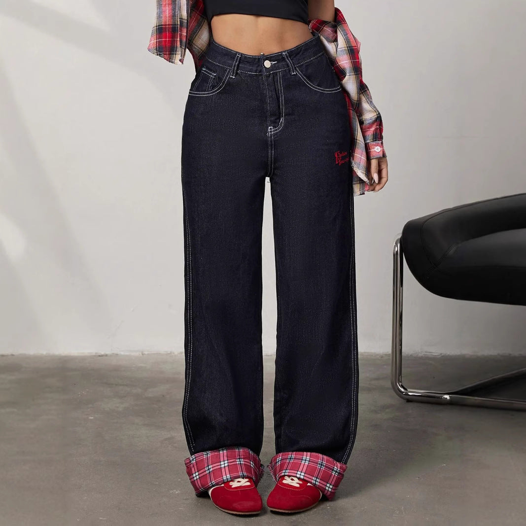 Panelled rolled-up plaid jeans