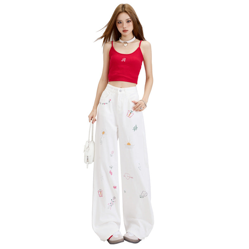 White jeans with niche embroidery