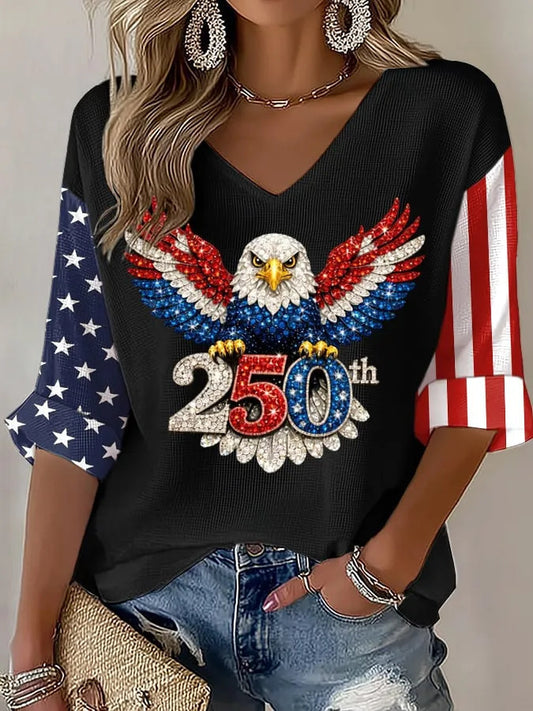 USA 250th Women's Summer V-neck Short-sleeved Top CHF-1580 - BundleWear