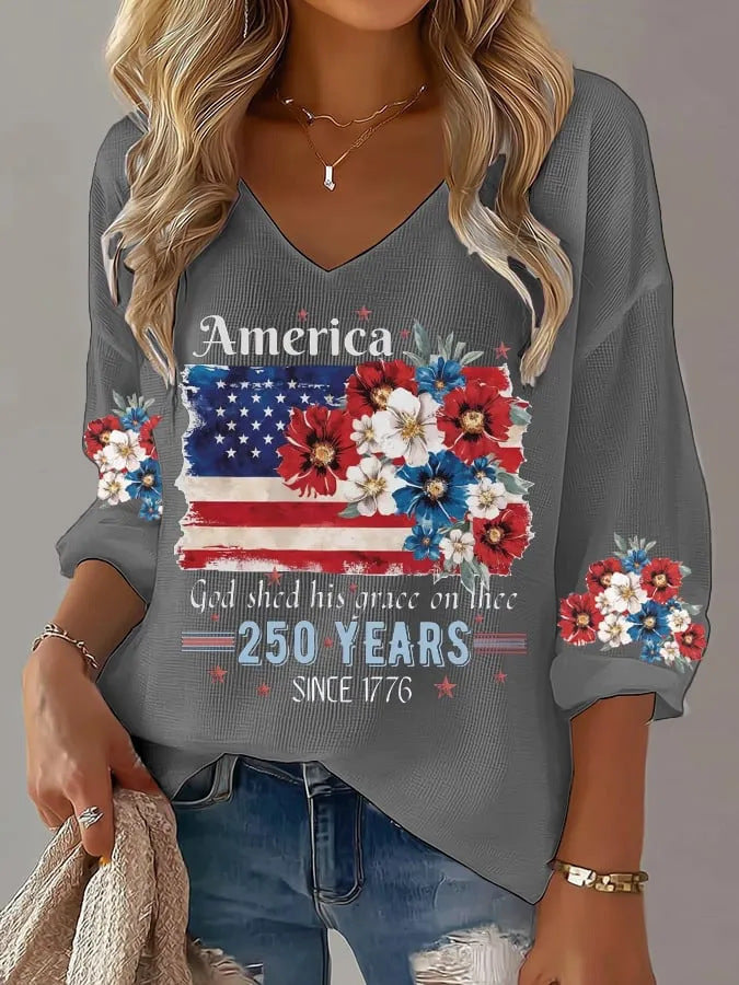USA 250th Women's Summer V-neck Short-sleeved Top CHF-1584 - BundleWear