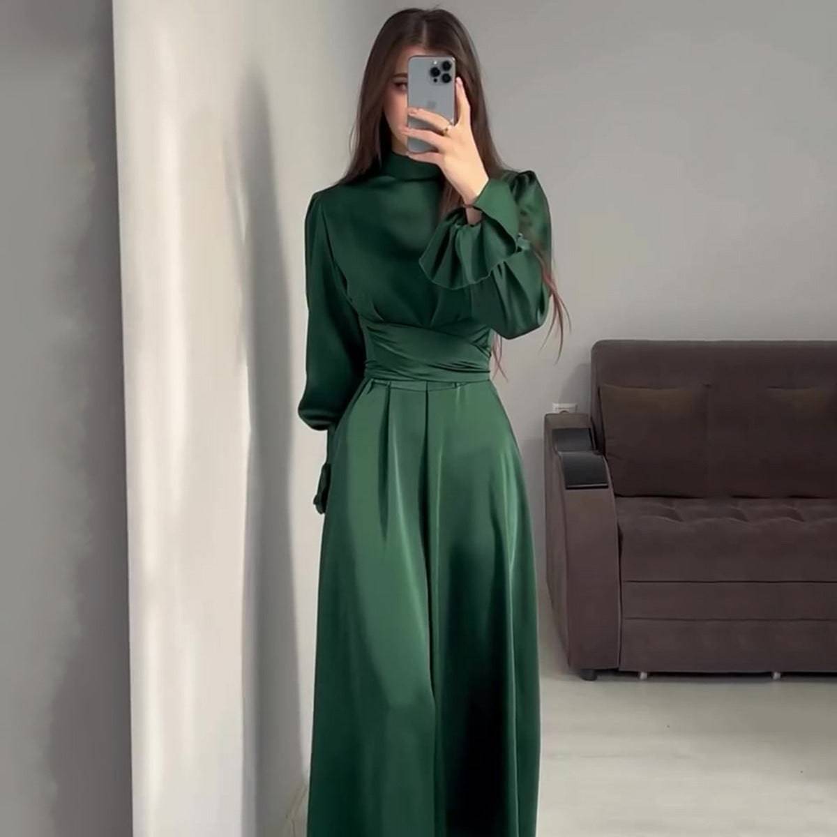 Long Sleeve Waist Puff Sleeve Solid Color Fairy Style Dress - MATCHING MASTER